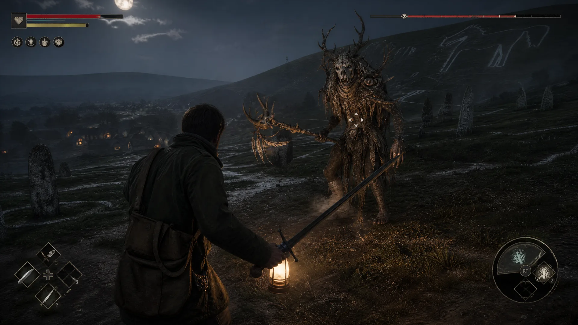 A hunter fighting an antlered guardian on a moonlit English chalk hillside.