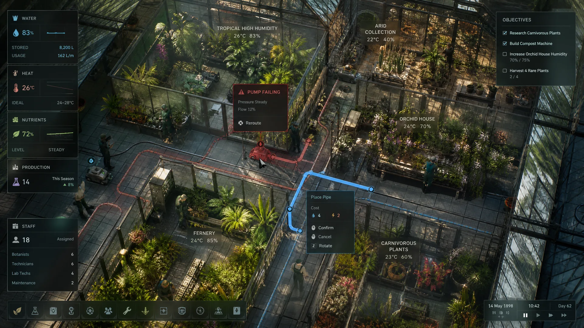 Isometric botanical management gameplay with glasshouse zones, workers and robotic carts.