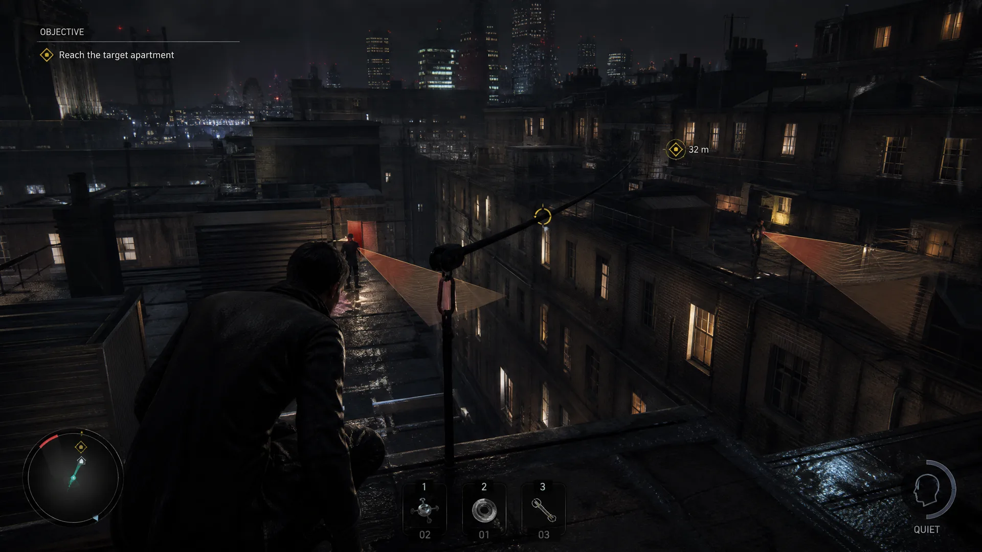 A player infiltrator crossing wet London rooftops while observing guard patrols.