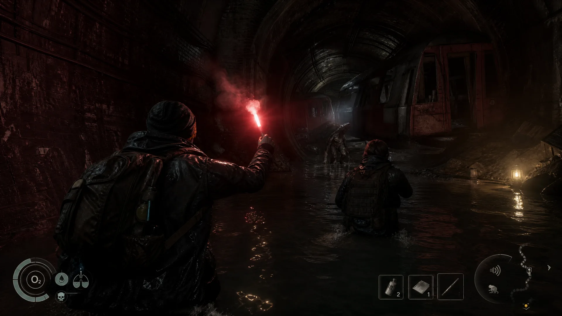 A player and companion crossing a flooded abandoned London tunnel.