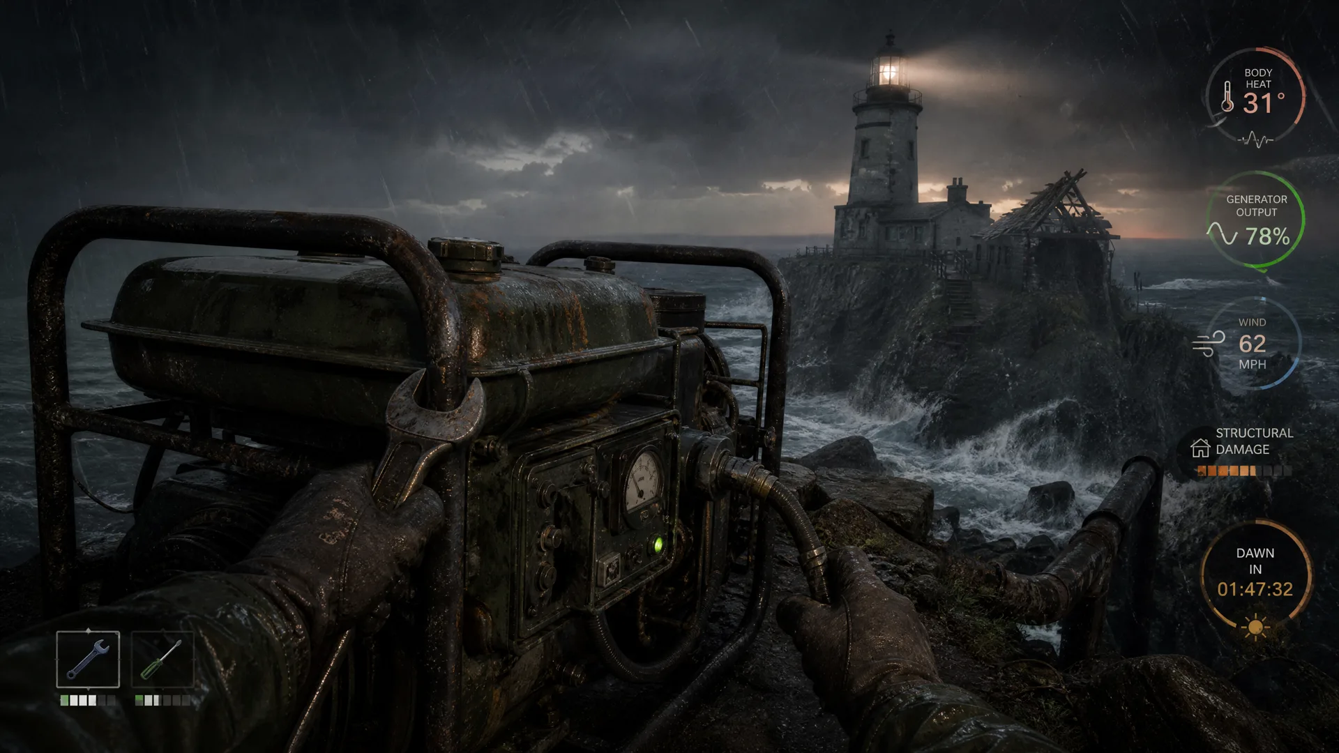 First-person lighthouse repair gameplay during a violent North Sea storm.