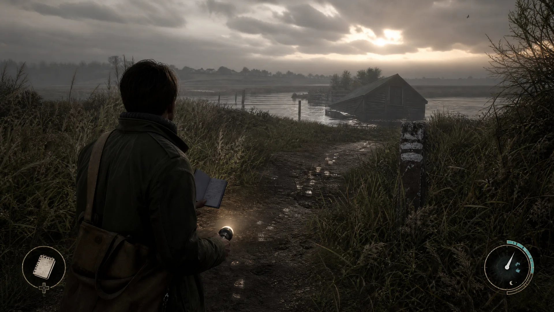 A playable investigator following footprints across a misty East Anglian marsh.